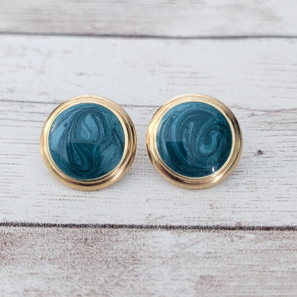Vintage Stud Earrings Teal & Gold Tone Stylish Circle